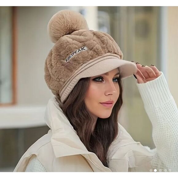 No Brand Accessories - Tan Plush Pom-Pom Beret Hat With Visor Women’s Winter Warm Faux Fur Knit Interio